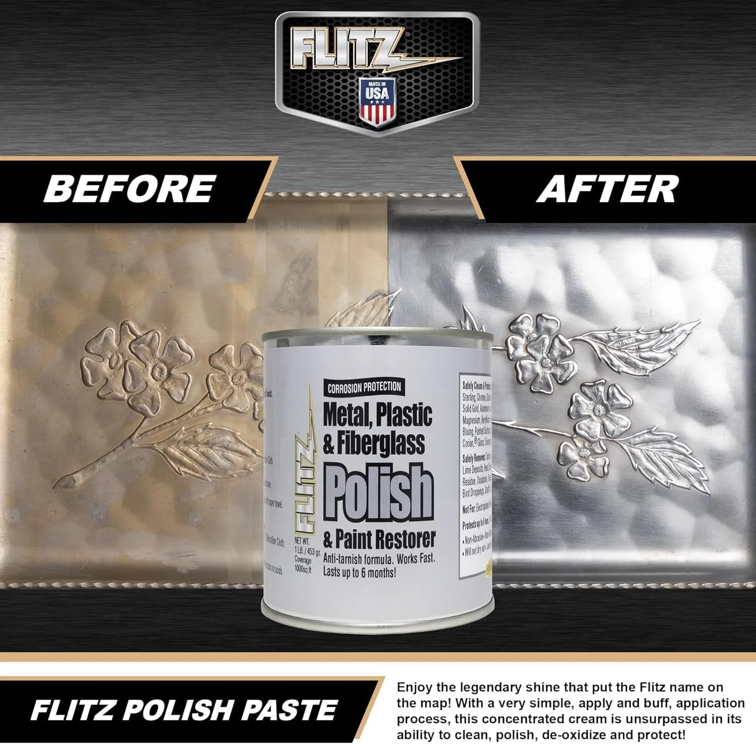 Flitz Multi-Purpose Metal Polish Paste - 1lb Can of USA-Made Metal Scratch Remover - Works on Stainless Steel, Chrome