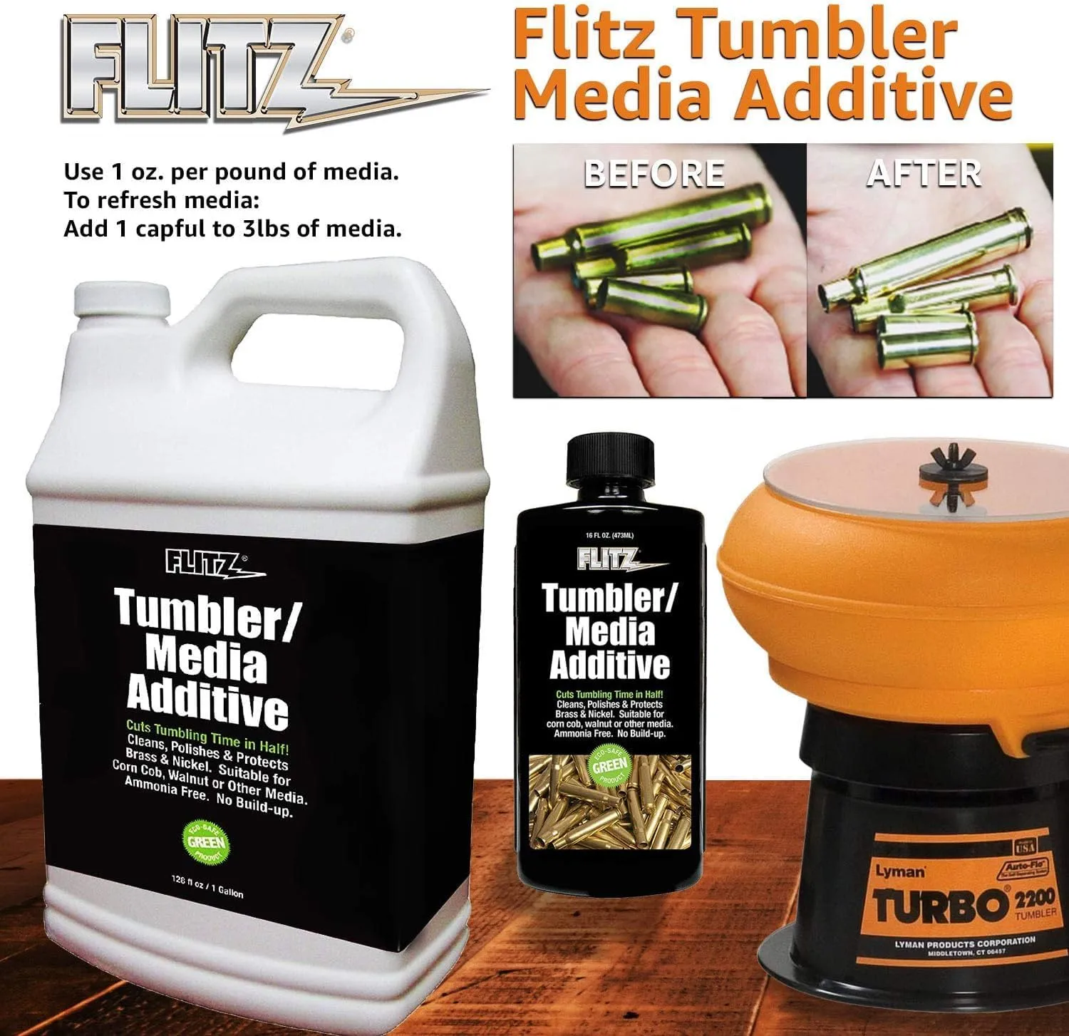 Flitz Tumbler Media Additive - 16oz Bottle of USA-Made Brass Cleaner Reloading Liquid for Ammo, Copper