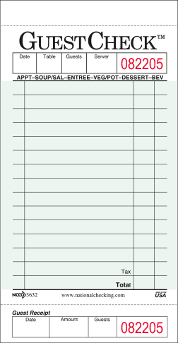 National Checking Single Copy Cardboard Guest Check 3.50" x 6.75" Green Bulk Pack Med 50 / 50 cs