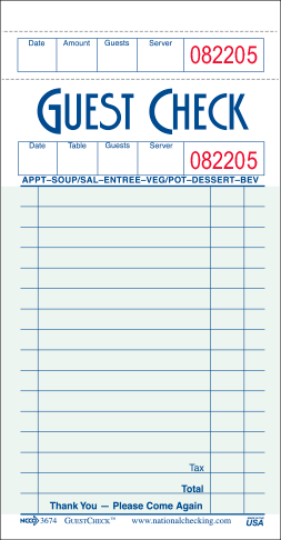 National Checking Single Copy Cardboard Guest Check 3.5" x 6.75" Green Bulk Pack  50 / 50 cs