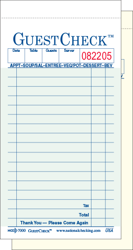 National Checking Duplicate Carbonless Guest Check 3.50" x 6.75" Green Bulk Pack Med 50 / 50 cs