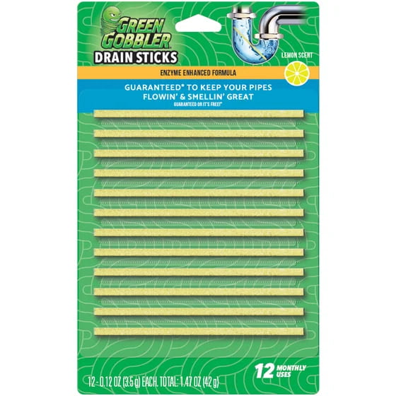 Green Gobbler Lemon Scent Drain Sticks Cleaner & Deodorizer - 12 Stick Pack