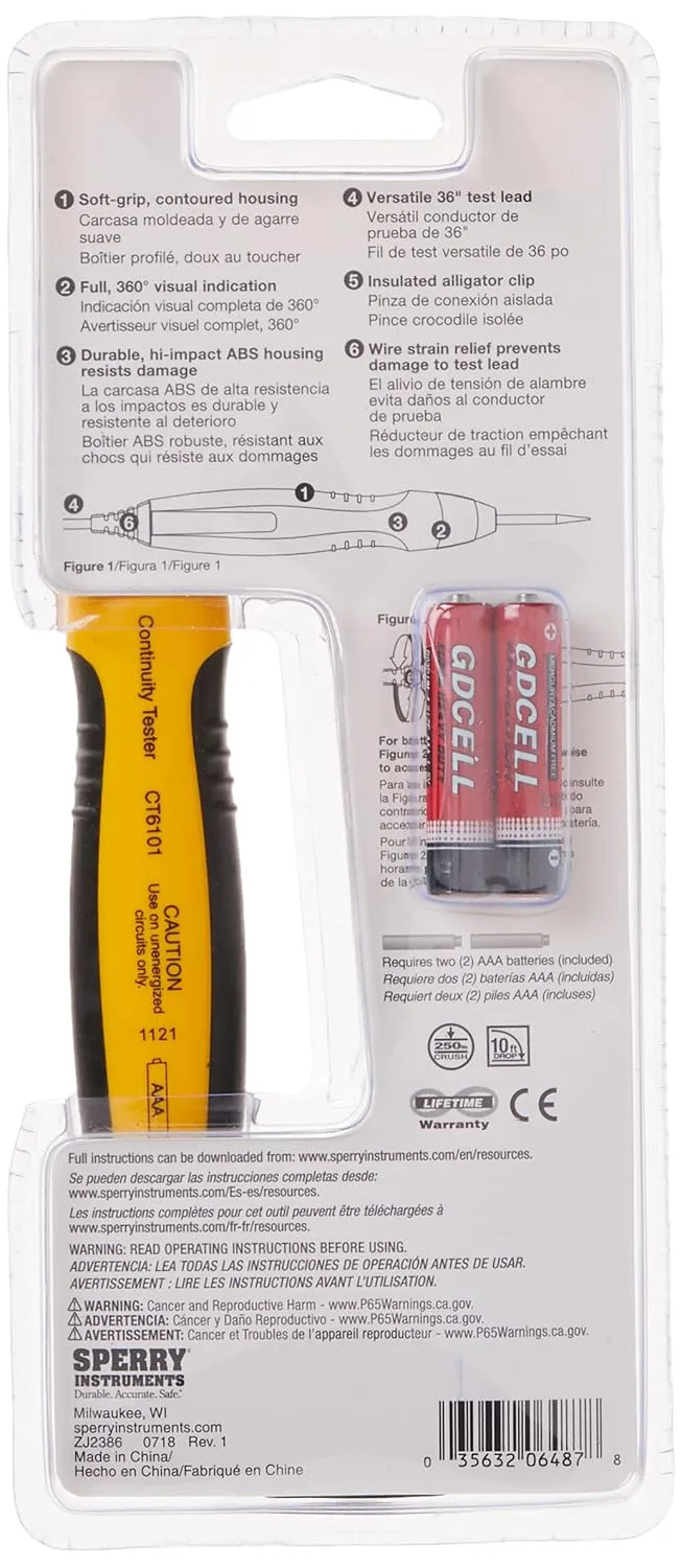 Gardner Bender Sperry Instruments CT6101 Heavy Duty Continuity Tester, 2 Range, 36 inch lead