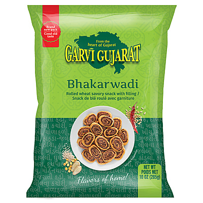 10oz bag of Garvi Gujarat Bhakarwadi, a crunchy spiral snack with spicy and sweet filling.