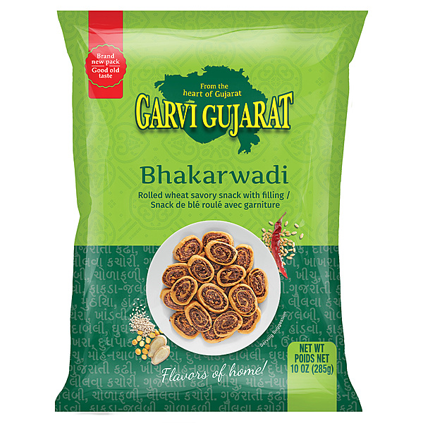 10oz bag of Garvi Gujarat Bhakarwadi, a crunchy spiral snack with spicy and sweet filling.