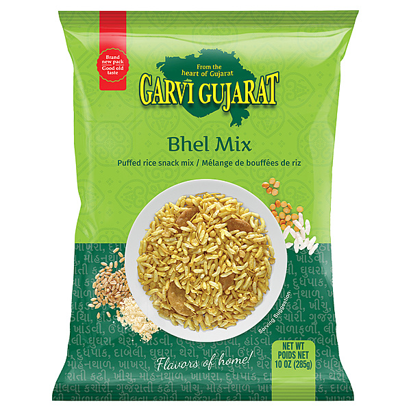 10oz bag of Garvi Gujarat Bhel Mix, a crunchy puffed rice and sev mixture for Bhel Puri.