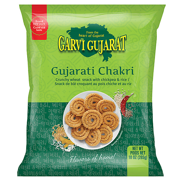 10oz bag of Garvi Gujarat Chakri, a crunchy and spiced rice flour spiral snack.