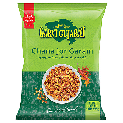 10oz bag of Garvi Gujarat Chana Jor Garam, a spicy and tangy pressed black gram snack.