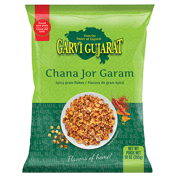 10oz bag of Garvi Gujarat Chana Jor Garam, a spicy and tangy pressed black gram snack.