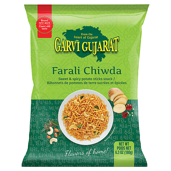 10oz bag of Garvi Farali Chiwda, a crunchy potato and peanut snack for fasting.