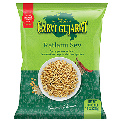 10oz bag of Garvi Gujarat Ratlami Sev, a spicy and crunchy gram flour noodle snack.