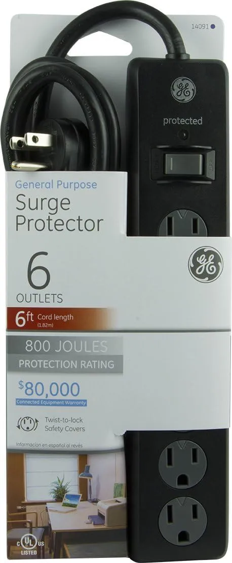 GE General Purpose 6-Outlet Surge Protector, 6 ft Extension Cord, 800 Joules, Twist-to-Close Safety Outlet Covers, Flat Plug