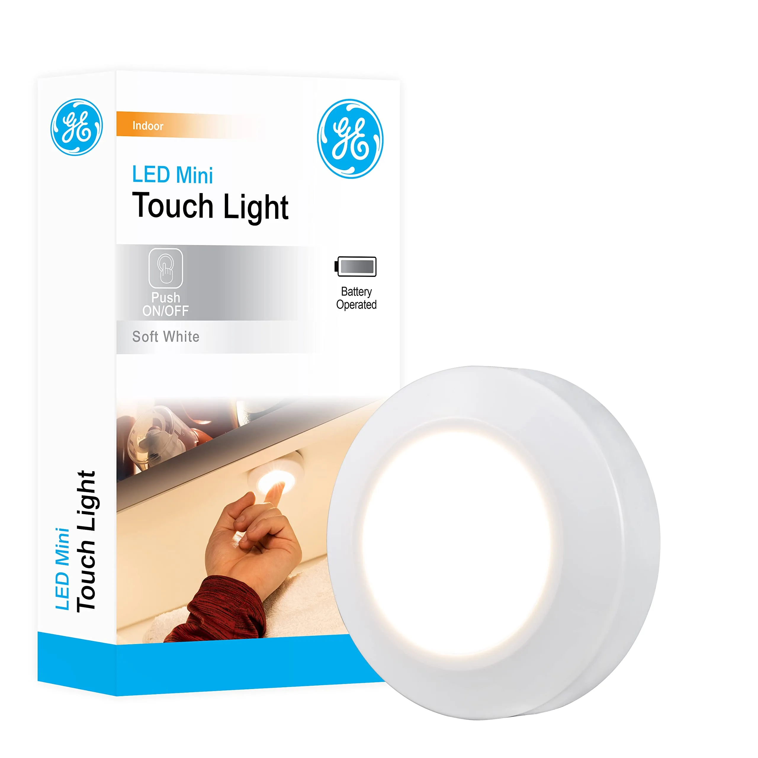 GE LED Mini Touch Light, Battery Operated, Stick-On Tap Light, Wireless and Portable, Ideal for Under Cabinet, Closet