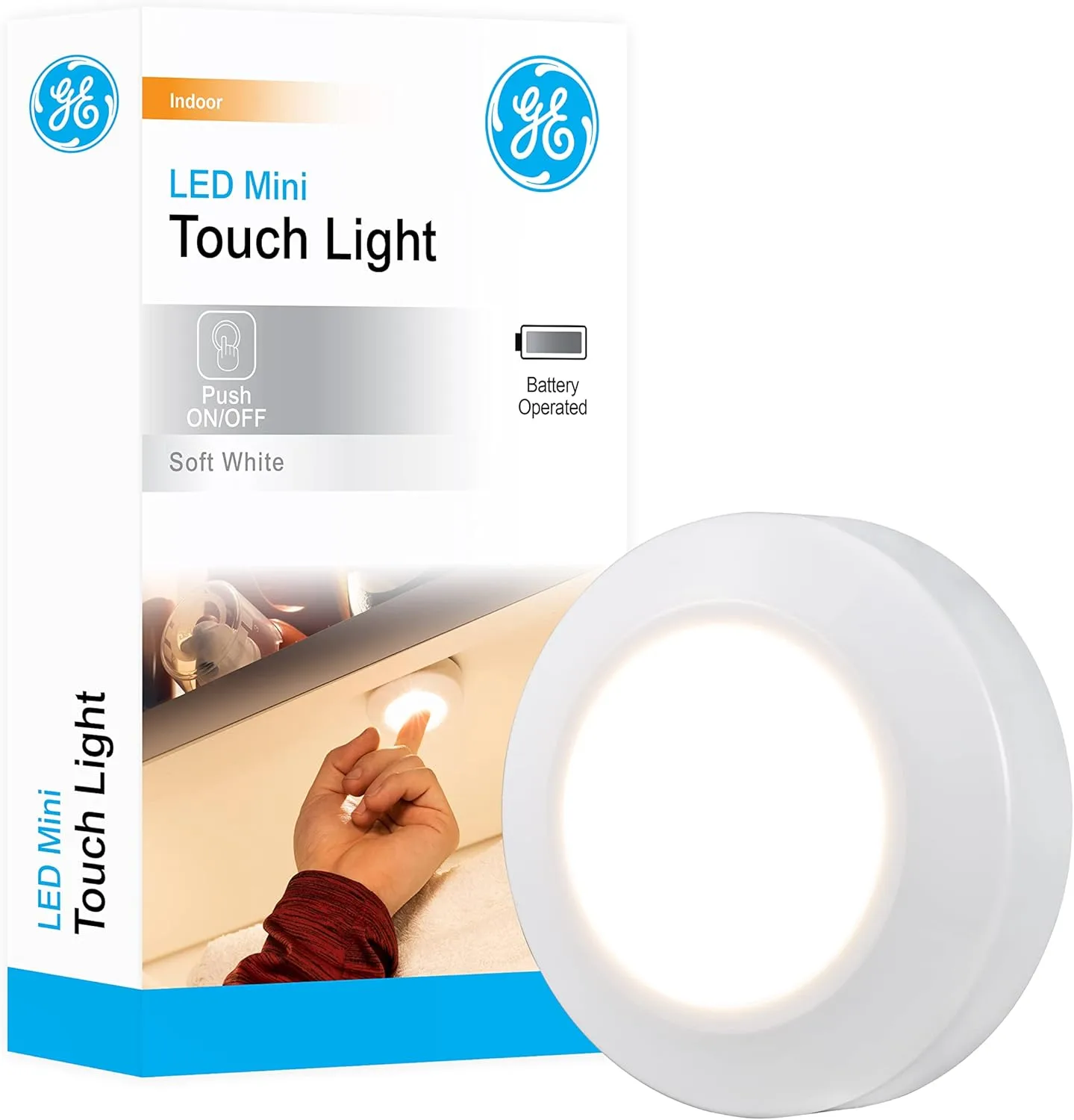 GE LED Mini Touch Light, Battery Operated, Stick-On Tap Light, Wireless and Portable, Ideal for Under Cabinet, Closet