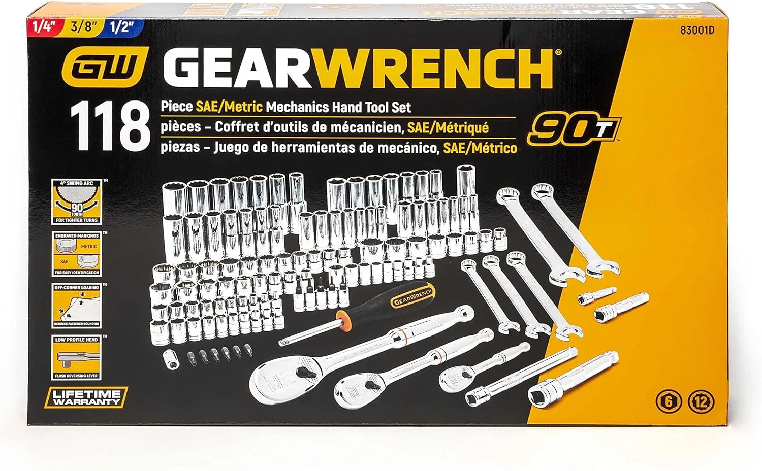 GEARWRENCH 118 Pc. 1/4", 3/8" & 1/2" Drive 6 & 12 Pt. Mechanics Tool Set, Standard & Deep, SAE/Metric - 83001D