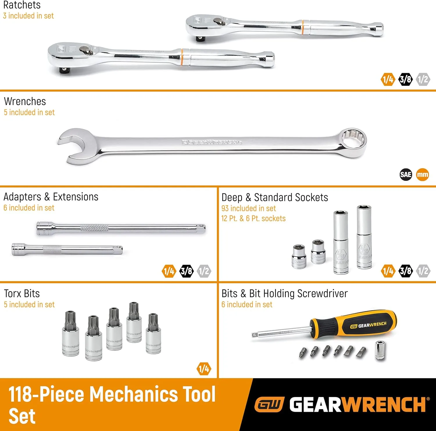 GEARWRENCH 118 Pc. 1/4", 3/8" & 1/2" Drive 6 & 12 Pt. Mechanics Tool Set, Standard & Deep, SAE/Metric - 83001D