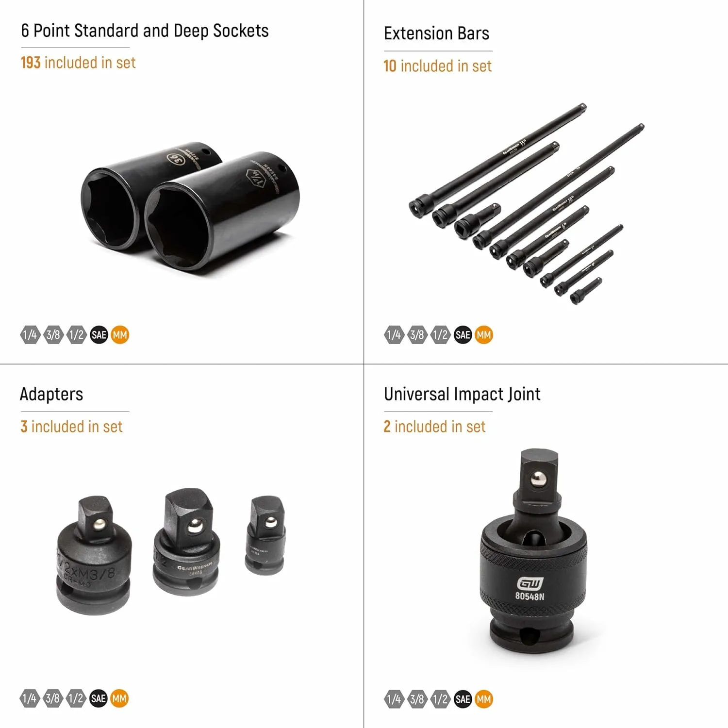 GEARWRENCH 209 Piece SAE/Metric 1/4" 3/8" & 1/2" Drive Master Impact Socket Set - 89072