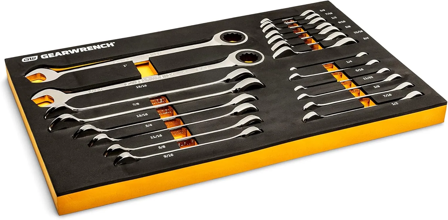 GEARWRENCH 21 Piece 72T SAE Standard & Stubby Ratcheting Wrench Set with EVA Foam Tray - 86526