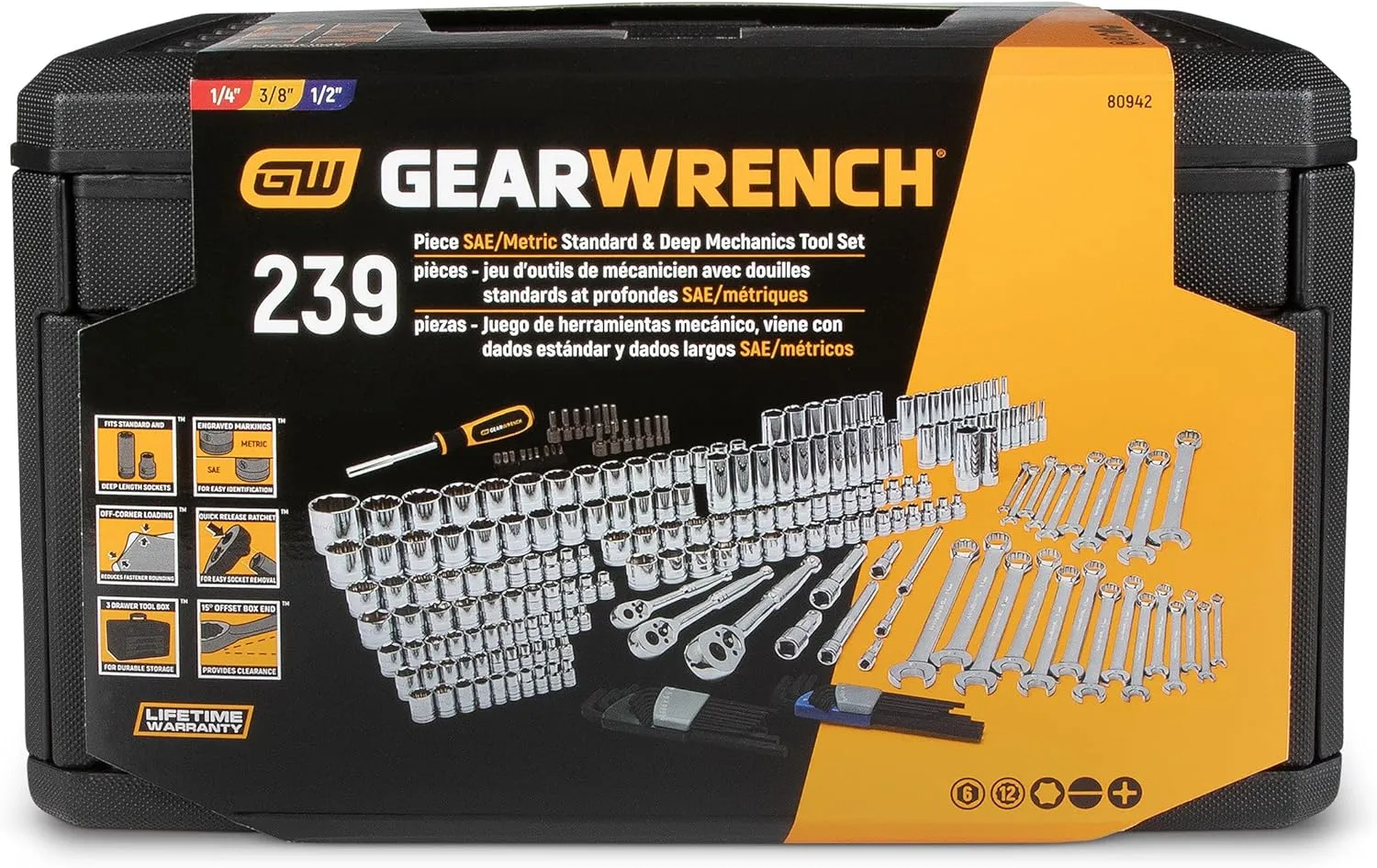 GEARWRENCH Mechanics Tool Set 1/4, 3/8 and 1/2-inch Drives in 3-Drawer Storage Box