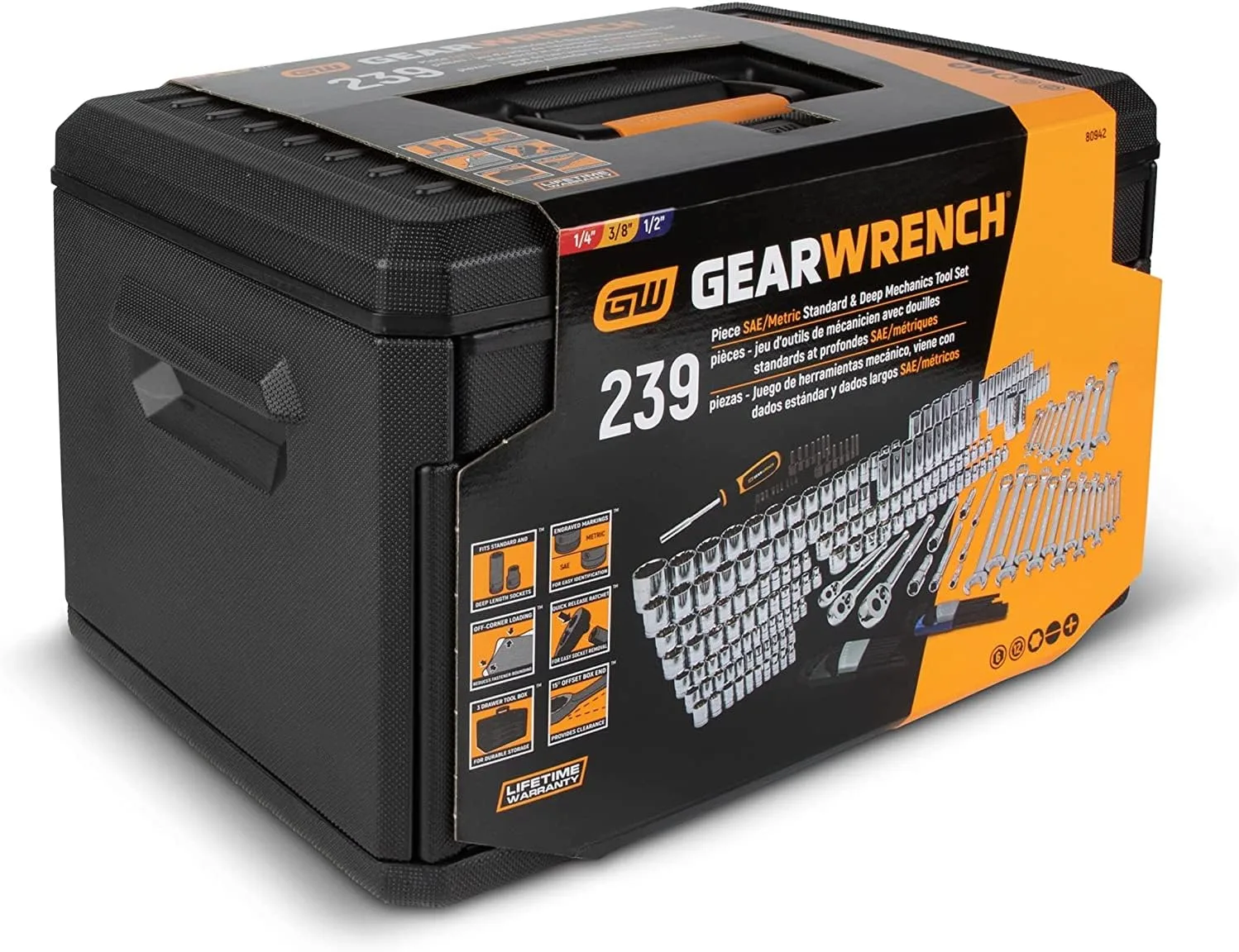 GEARWRENCH Mechanics Tool Set 1/4, 3/8 and 1/2-inch Drives in 3-Drawer Storage Box