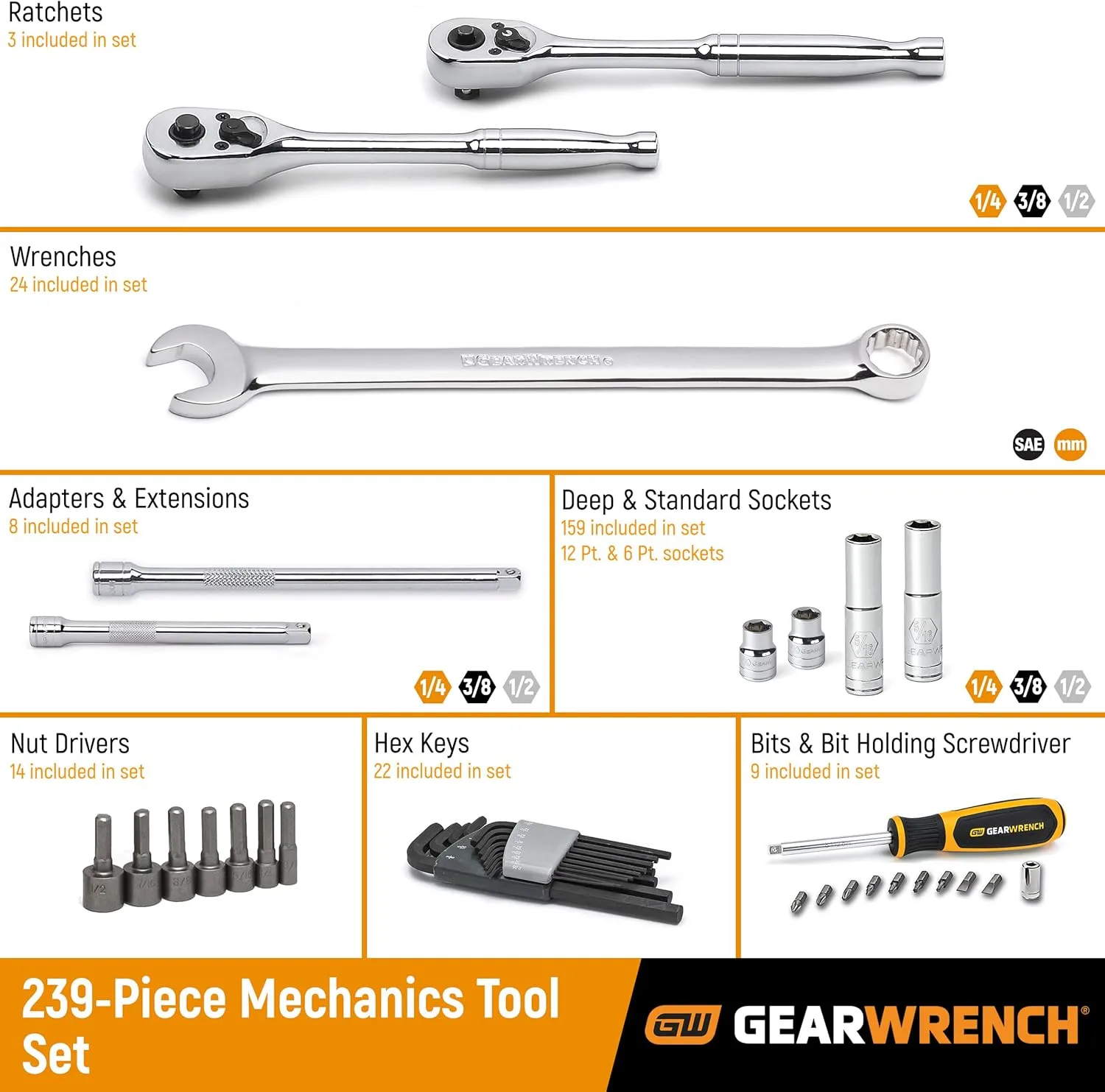 GEARWRENCH Mechanics Tool Set 1/4, 3/8 and 1/2-inch Drives in 3-Drawer Storage Box