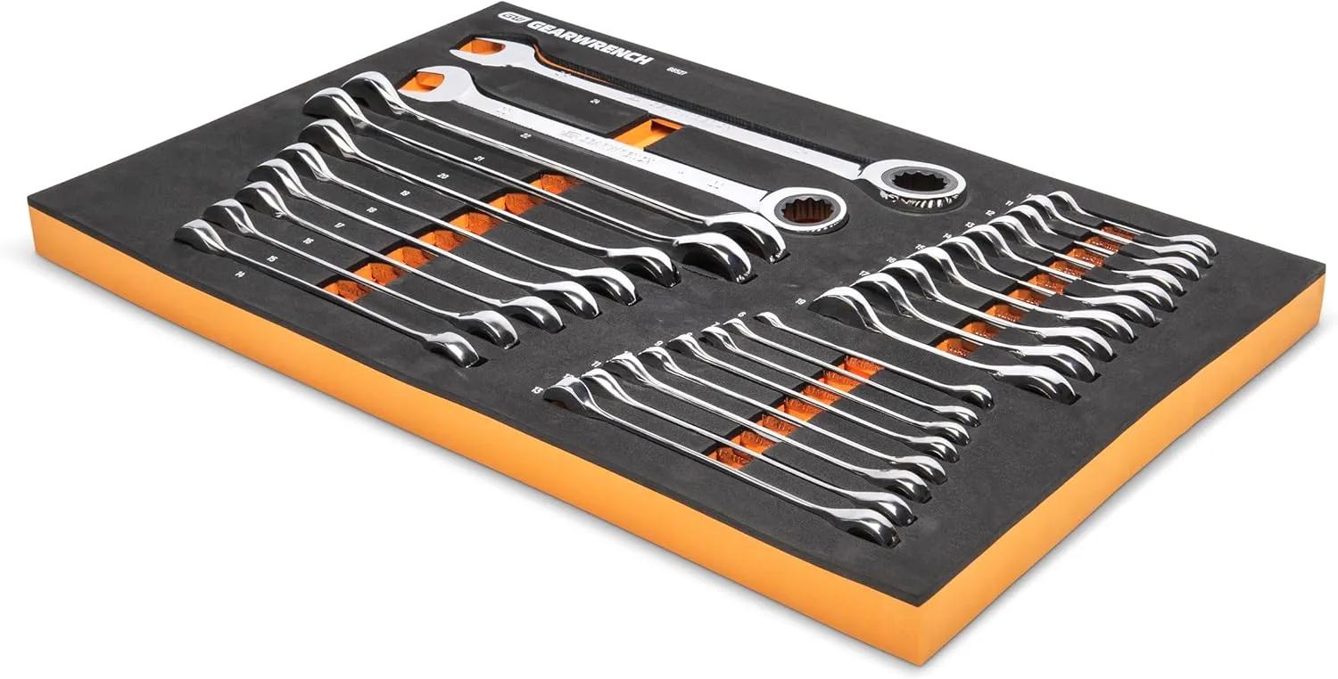 GEARWRENCH 28 Piece 72T Metric Standard & Stubby Ratcheting Wrench Set with EVA Foam Tray - 86527