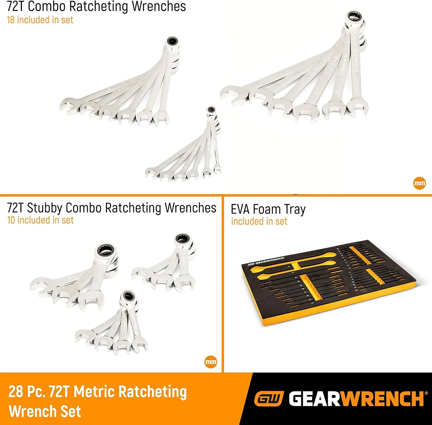 GEARWRENCH 28 Piece 72T Metric Standard & Stubby Ratcheting Wrench Set with EVA Foam Tray - 86527