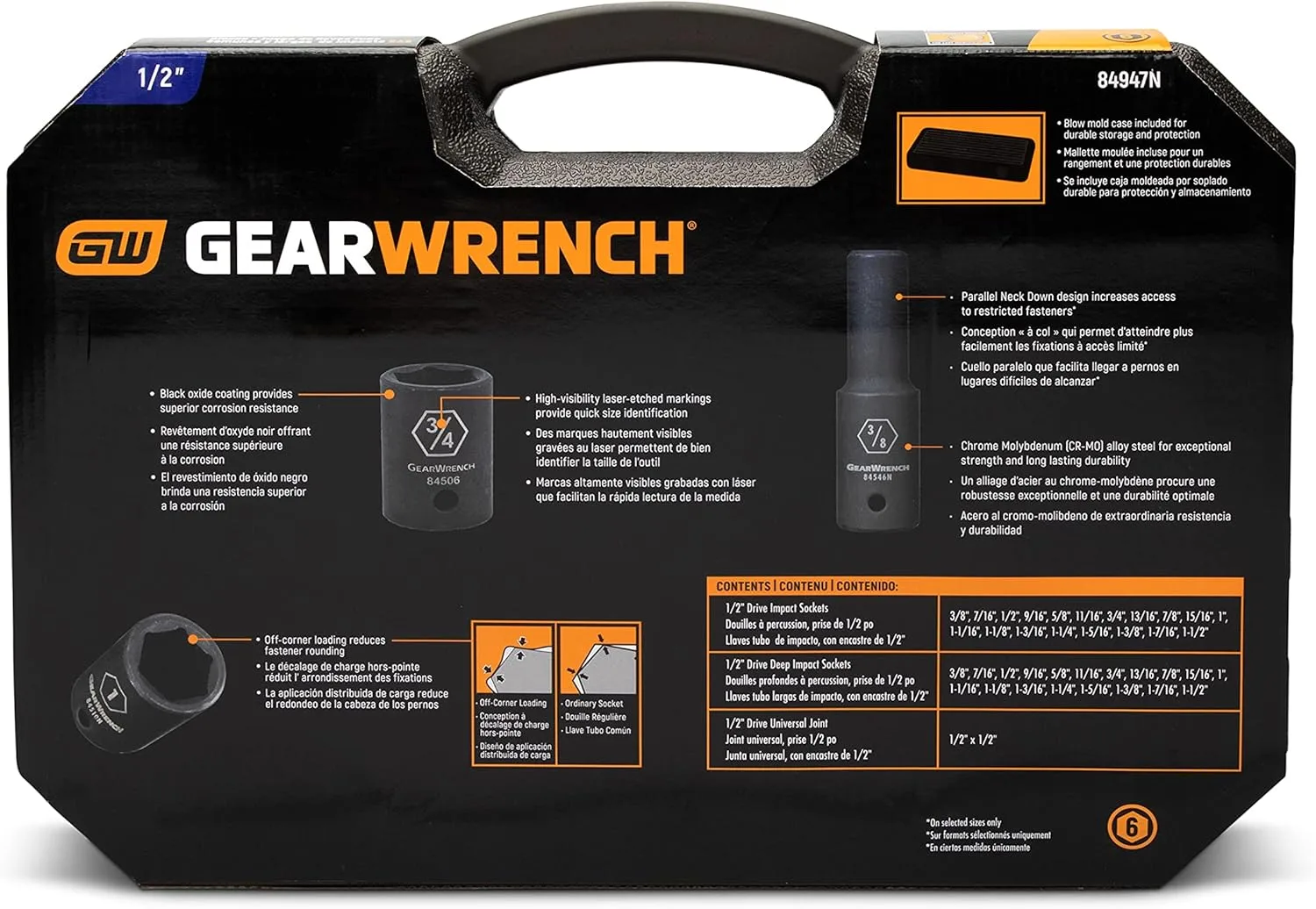 GEARWRENCH 39 Pc. 1/2" Drive 6 Pt. Impact Socket Set, Standard & Deep, SAE - 84947N, Black