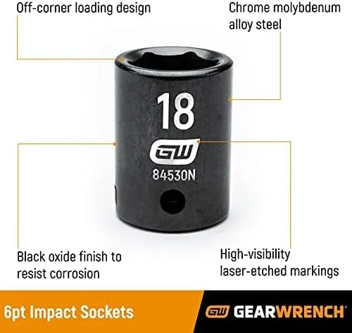 GEARWRENCH 39 Pc. 1/2" Drive 6 Pt. Impact Socket Set, Standard & Deep, SAE - 84947N, Black
