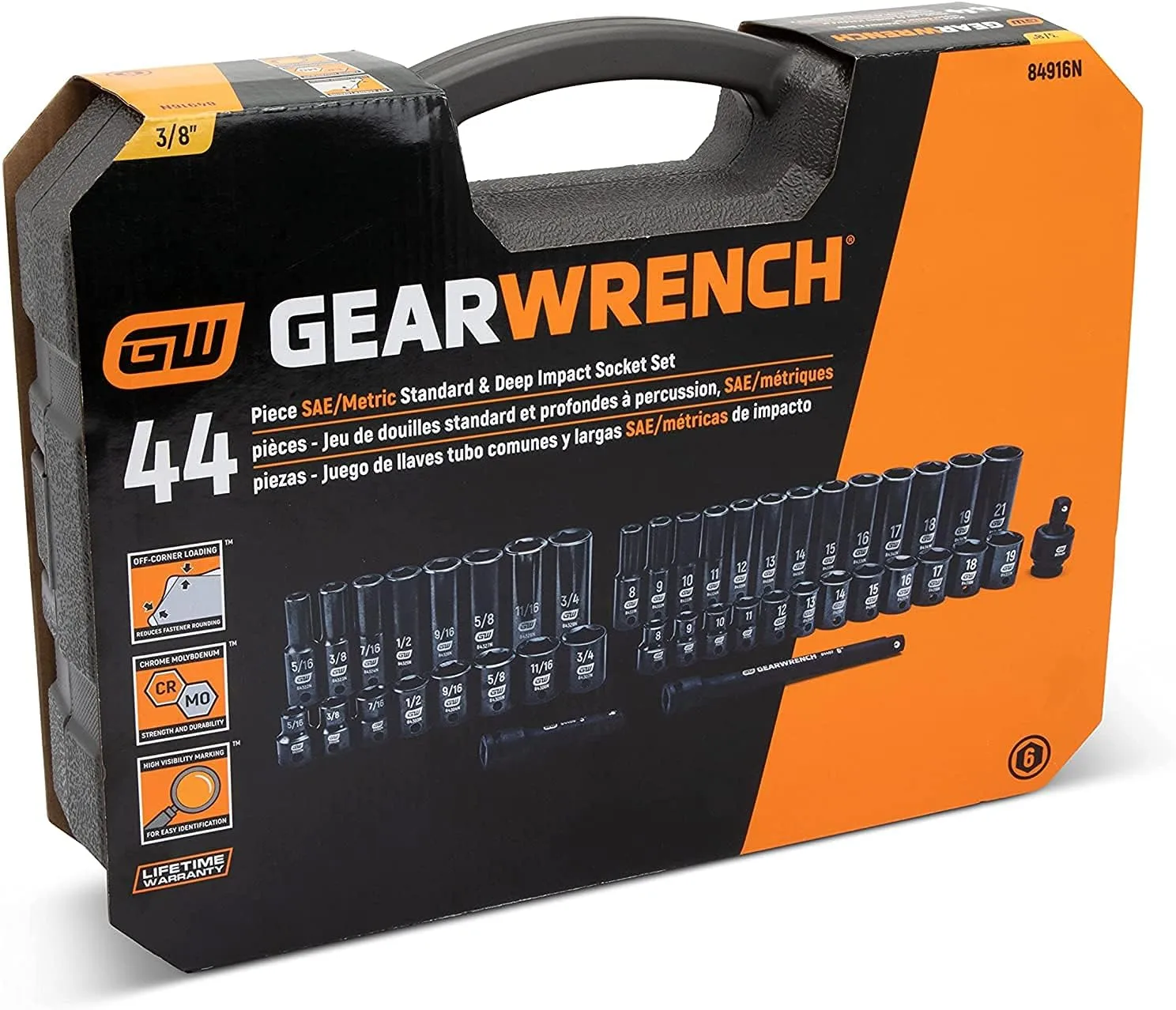 GEARWRENCH 44 Pc. 3/8" Drive 6 Point Standard & Deep Impact SAE/Metric Socket Set - 84916N