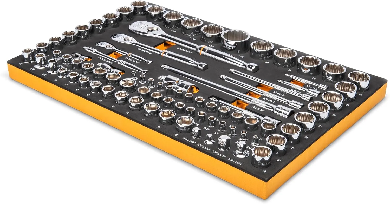 GEARWRENCH 83 Pc. 1/4, 3/8", 1/2" 90-Tooth SAE/Metric Mechanics Tool Set with EVA Foam Tray - 86529