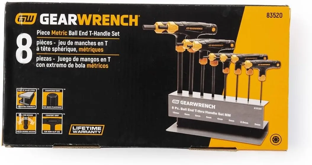 GEARWRENCH 8 Piece Metric Ball End T-Handle Hex Key Set - 83520 2mm 2.5mm 3mm 4mm 5mm 6mm 8mm 10mm
