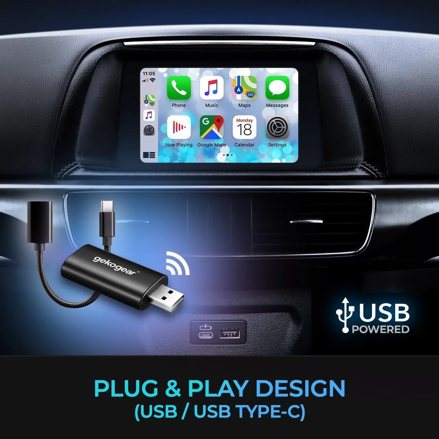 GekoGear Wireless CarPlay USB Adapter for Apple iPhone (A100)