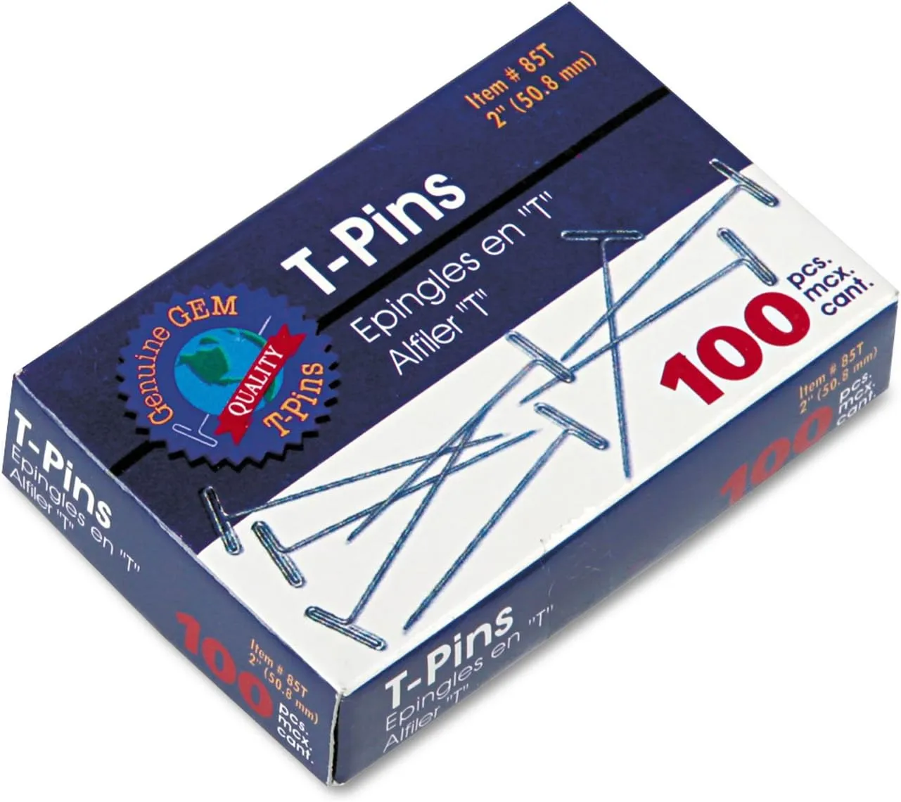GEM 85T T-Pins, 2-Inch, Steel, 100/Box