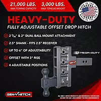 GEN-Y Hitch Offset Tow Hitch for 2.5" Receiver - 3" Rise/6" Drop with 4 Adjustable Positions, Includes Dual Ball Mount and Locking Pin, 21,000 lbs Towing Capacity, 3,000 lbs Tongue Weight