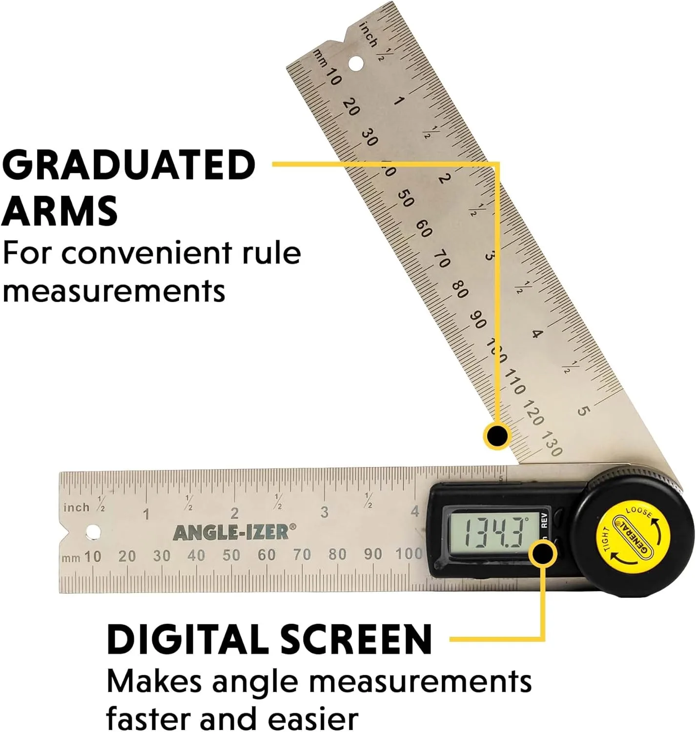 General Tools Digital Angle Finder Ruler #822 - 5" Stainless Steel Woodworking Protractor Tool with Large LCD Display 5-Inch