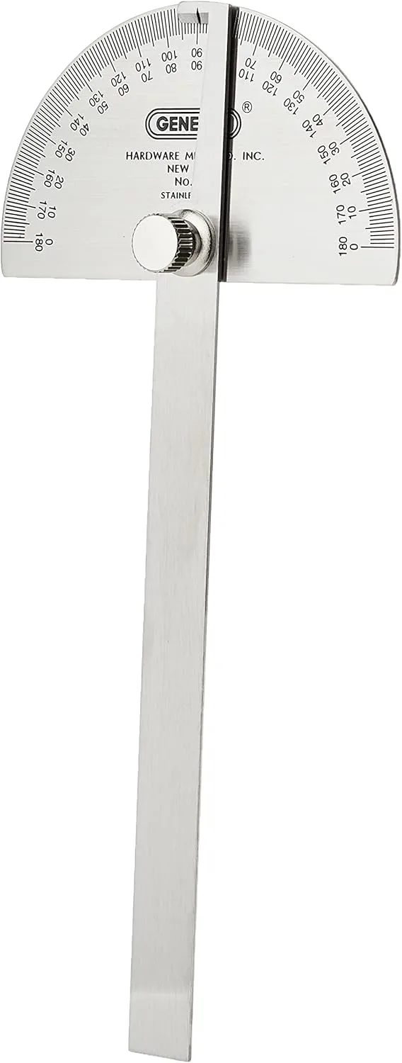 General Tools 18 Round Head Stainless Steel Angle Protractor, 0 to 180 Degrees, 6-Inch Arm