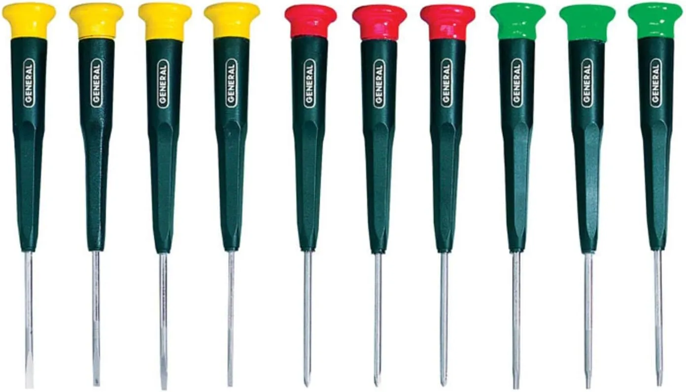 General Tools 690 Precision Screwdrivers, Set of 10, Color-Coded Slotted, Phillips and Torx Bits with Swivel Heads
