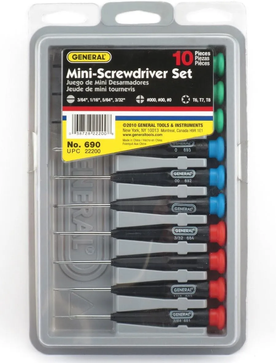 General Tools 690 Precision Screwdrivers, Set of 10, Color-Coded Slotted, Phillips and Torx Bits with Swivel Heads