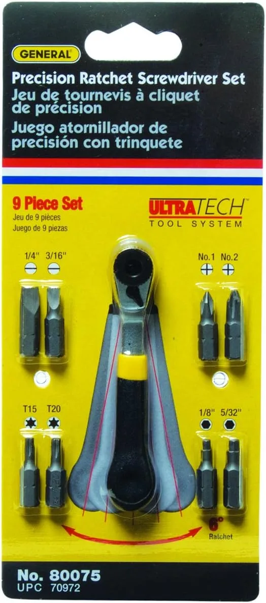 General Tools 80075 Nine-Piece Ratchet Offset Screwdriver Set 9 Piece Set