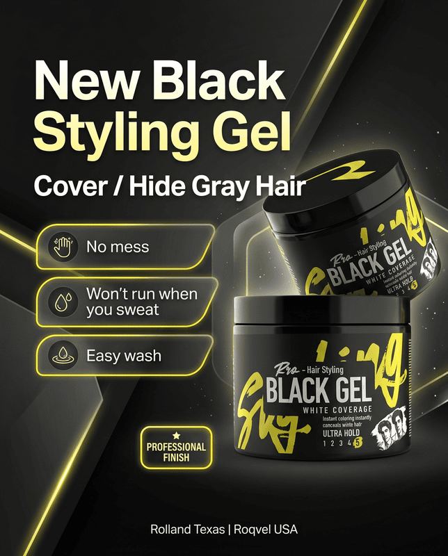 Roqvel Black Styling Gel for strong hold and temporary gray hair coverage