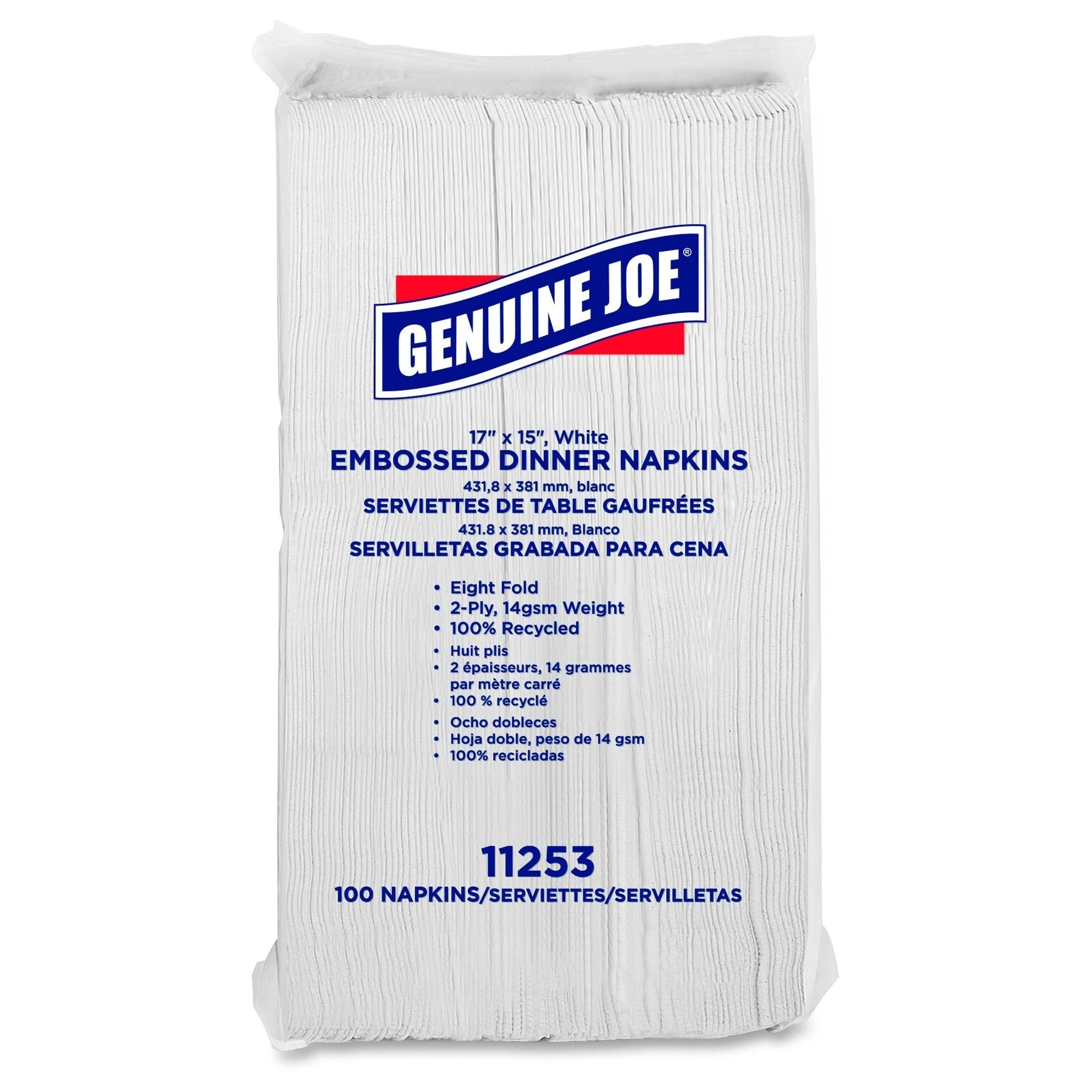 Genuine Joe Embossed 2-Ply Dinner Napkins, 17in x 15in, 100% Recycled, White, 100 Napkins Per Sleeve, Carton Of 30 Sleeves