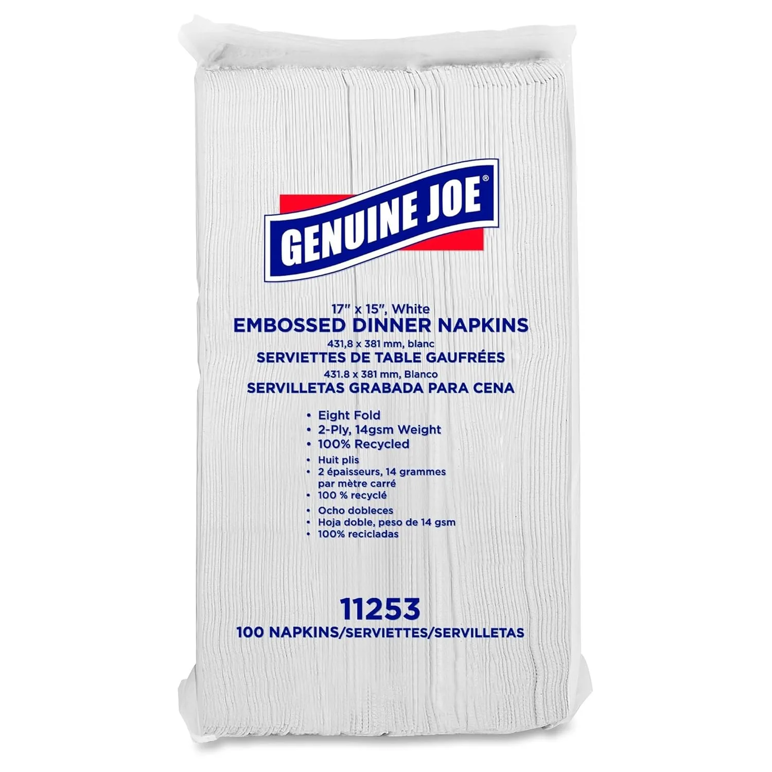 Genuine Joe Embossed 2-Ply Dinner Napkins, 17in x 15in, 100% Recycled, White, 100 Napkins Per Sleeve, Carton Of 30 Sleeves