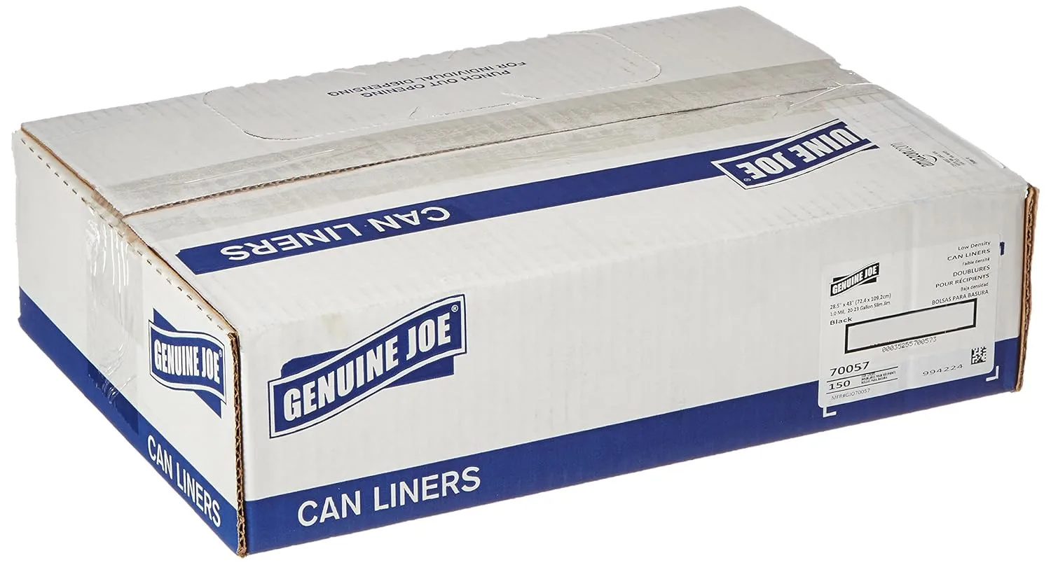 Genuine Joe Low Density Can Liners, 28.5" x 43", 23 gal Capacity, 1.0 mil, Black, 150 Count