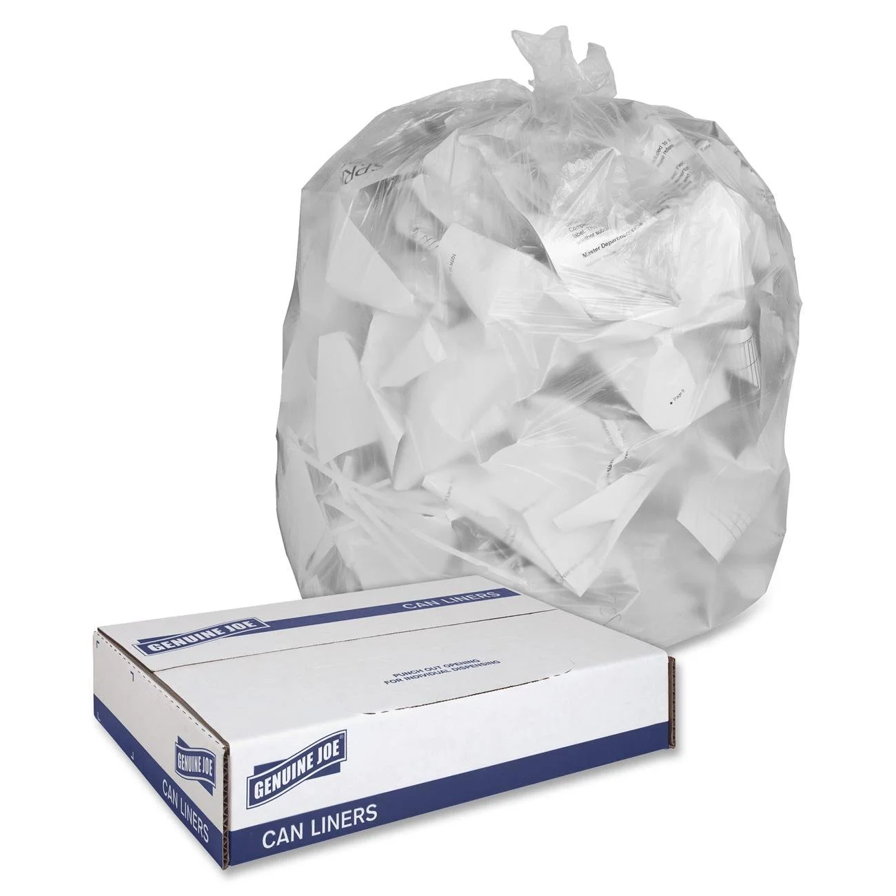 Genuine Joe GJO01015 Low-Density Flat Bottom Trash Can Liner, 45 Gallon Capacity, 46" Length x 40" Width x 0.60 mil Thickness, Clear (Box of 250)