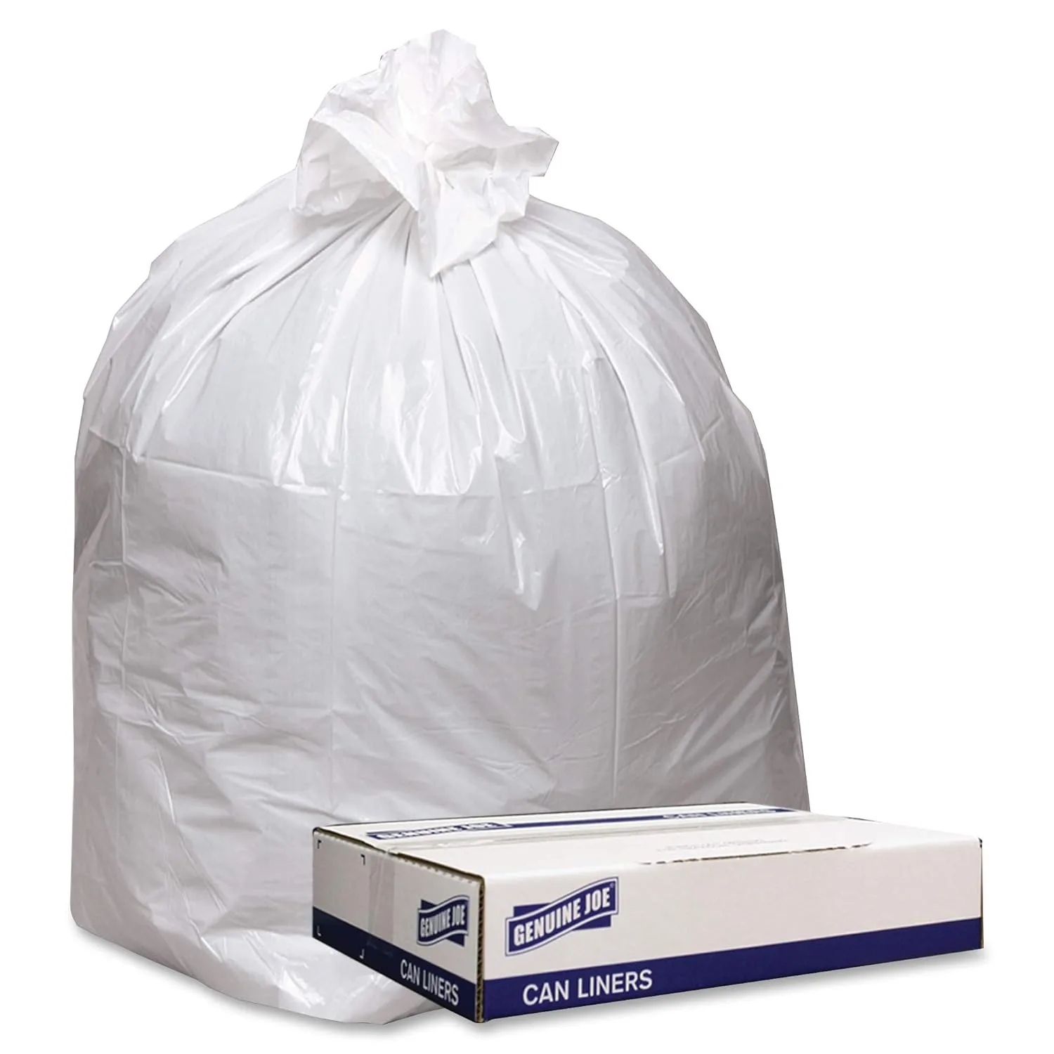 Genuine Joe Low Density Can Liners, 56 gal Capacity, 43" Width x 47" Length x 0.90 mil, White, 100 Count