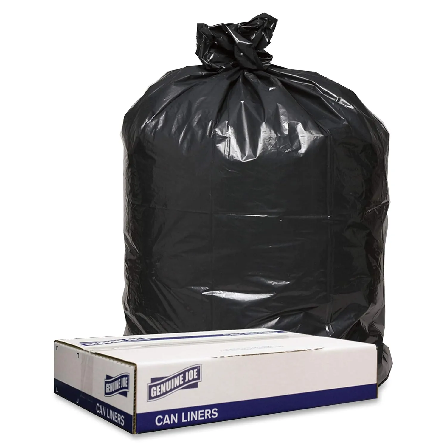 Genuine Joe Low Density Can Liners, 56 gal, 43" x 47", 1.20 mil, Black, 100 Count