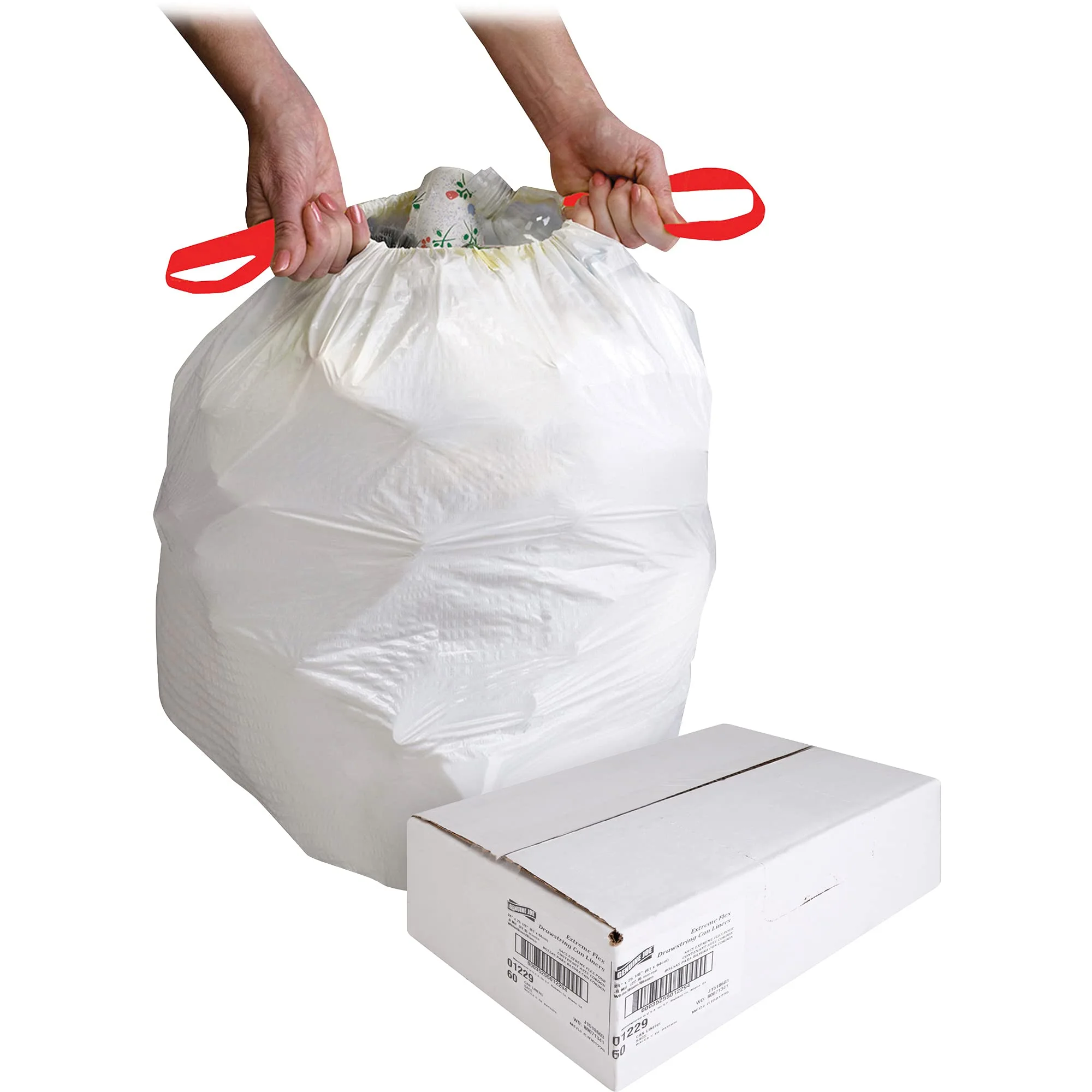 Genuine Joe GJO01229 Expandable Drawstring Trash Can Liner, 13 Gallon Capacity, 25.12" Width x 24" Height x 0.9 mil Thickness, White (Box of 60)