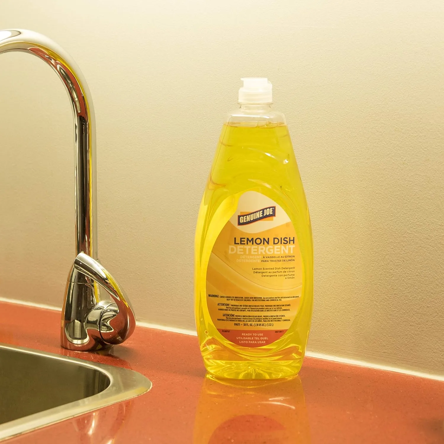 Genuine Joe 99675 Dish Detergent, Pot & Pan, Conc, Lemon, 38 oz, Yellow