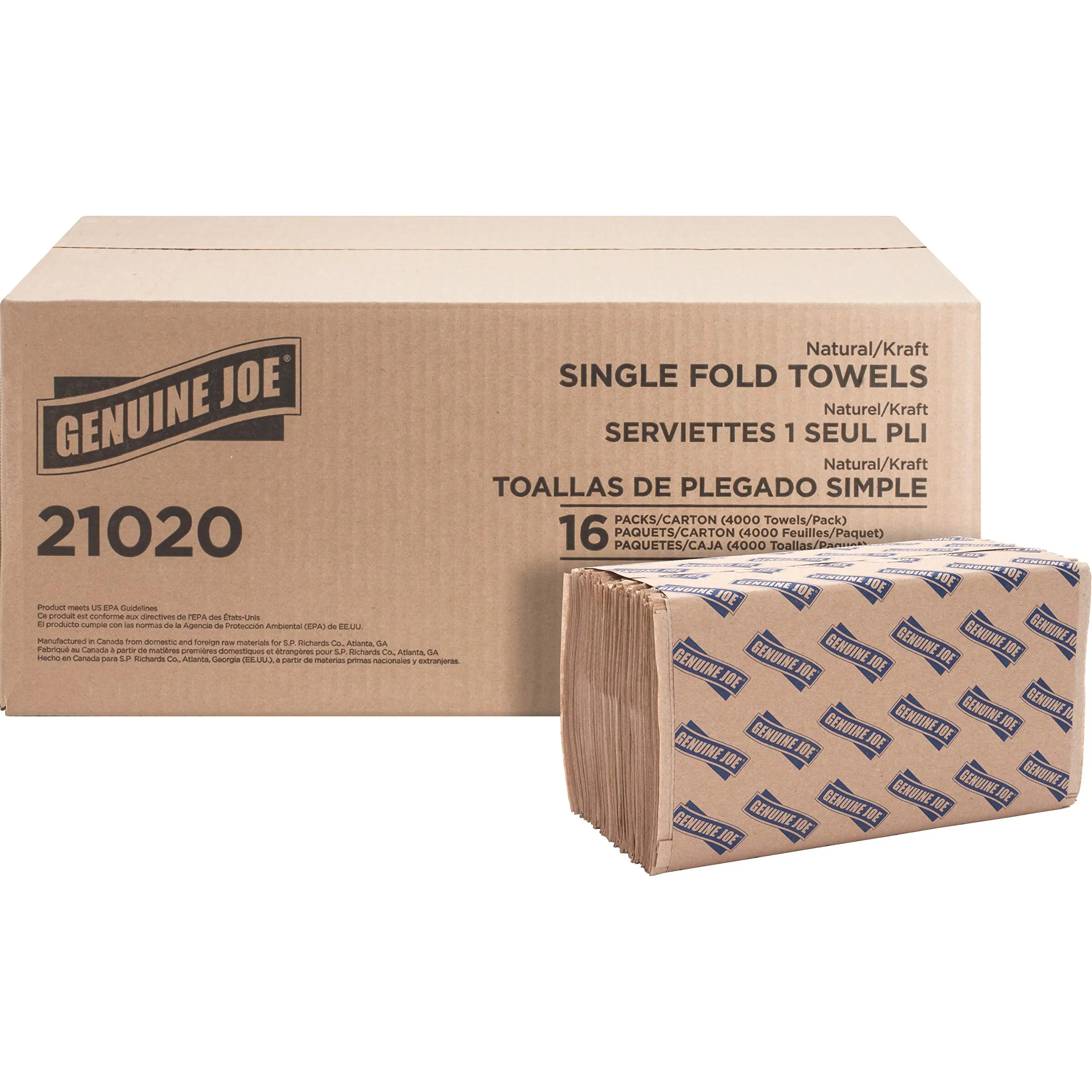 Genuine Joe Singlefold Paper Towels, 10.25 x 9.1, 1-Ply, Kraft, 250/Pack, 16 Count